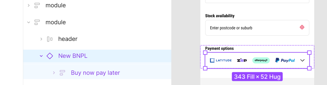 Layers panel showing a component simply named New BNPL