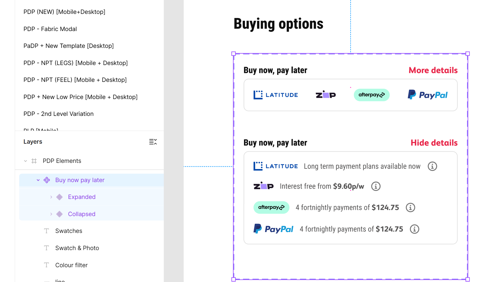The old Buy now pay later component still inside the PDP Elements wireframe