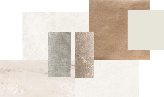 Materials and furnishings palette — travertine, terracotta and warm textiles
