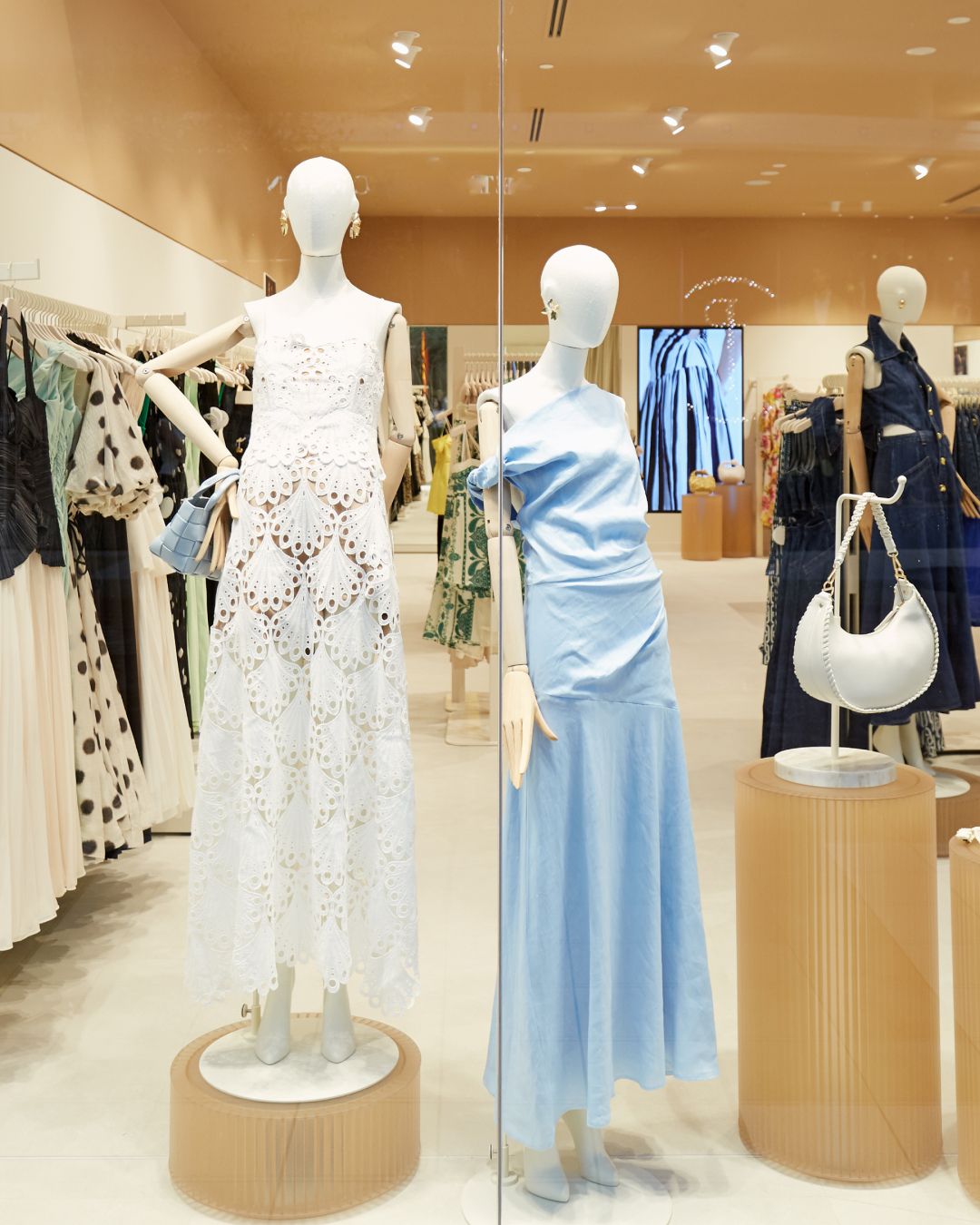Window display — white lace and blue satin looks